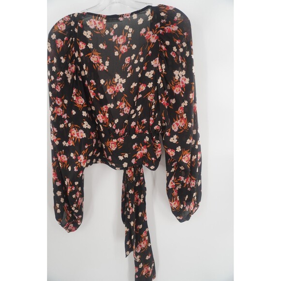 A.L.C. Carla Floral 100% Silk Wrap Floral Black Pink Ruffle Cuffs Blouse Size S - Picture 11 of 16